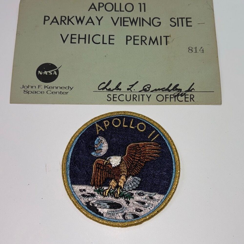 Vtg/Original Apollo 11 XI BIG Crew Patch Texas Art Embroider NASA+ parking pass